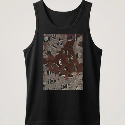 Aboriginal art pattern t-shirt featuring abstract dot painting in various colors — printed on a tank top