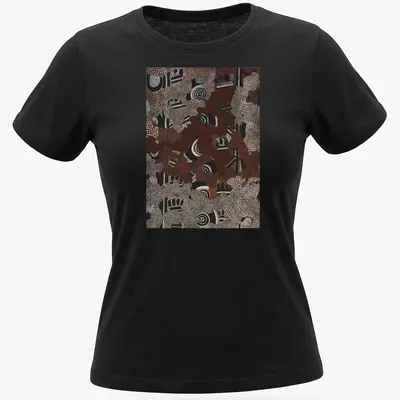 Aboriginal art pattern t-shirt featuring abstract dot painting in various colors — printed on a women's shirt