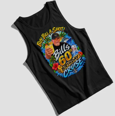 Vibrant birthday cruise t-shirt featuring a man holding a drink with colorful graphics — printed on a tank top