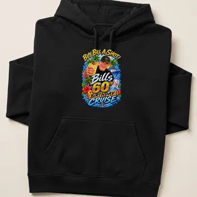 Vibrant birthday cruise t-shirt featuring a man holding a drink with colorful graphics — printed on a unisex hoodie