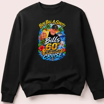 Vibrant birthday cruise t-shirt featuring a man holding a drink with colorful graphics — printed on a unisex sweatshirt