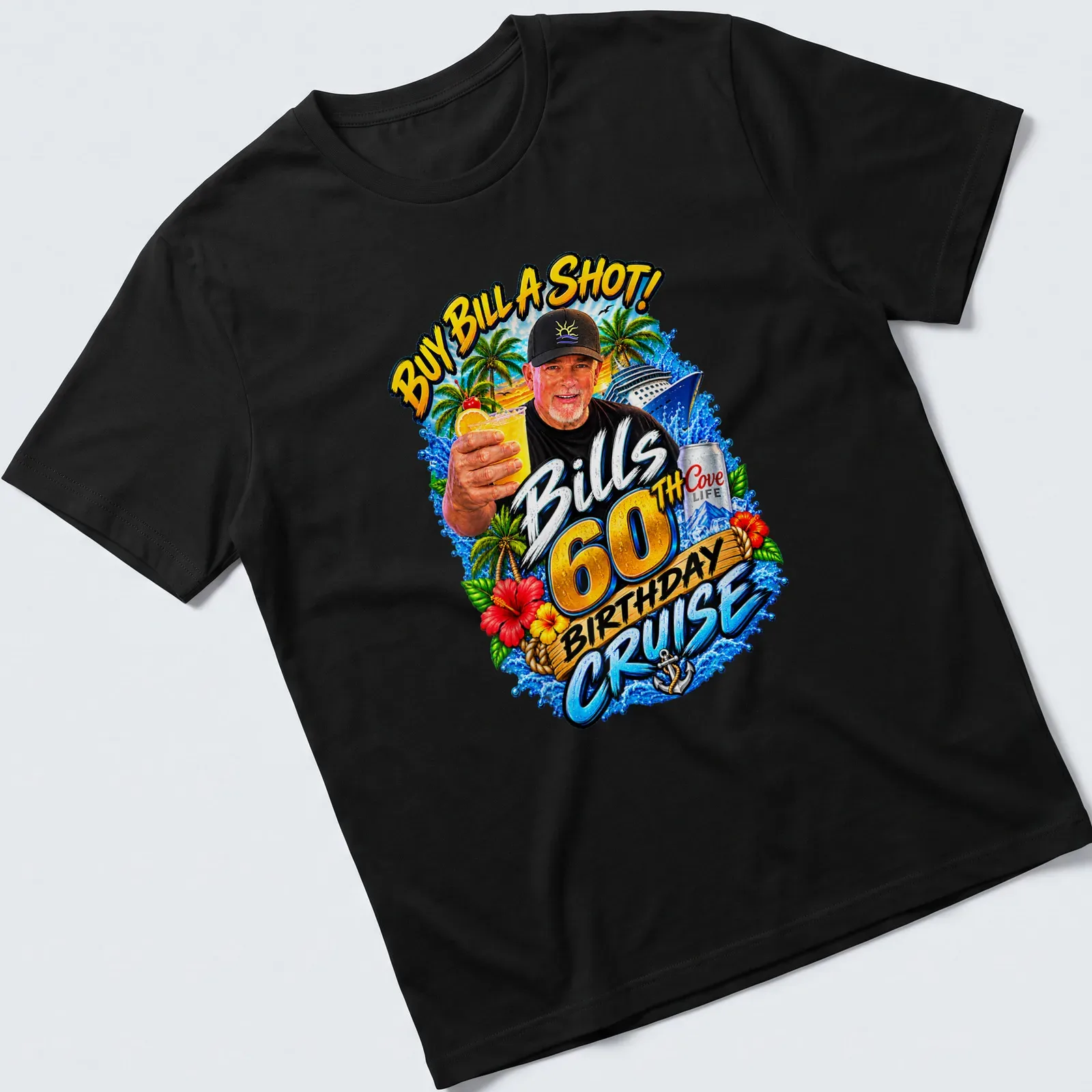 Vibrant birthday cruise t-shirt featuring a man holding a drink with colorful graphics — printed on a unisex t-shirt