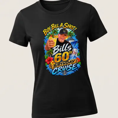 Vibrant birthday cruise t-shirt featuring a man holding a drink with colorful graphics — printed on a women's shirt