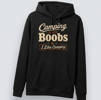 Vintage distressed Camping Is Like Boobs I Like Camping t-shirt with campfire graphic — printed on a unisex hoodie