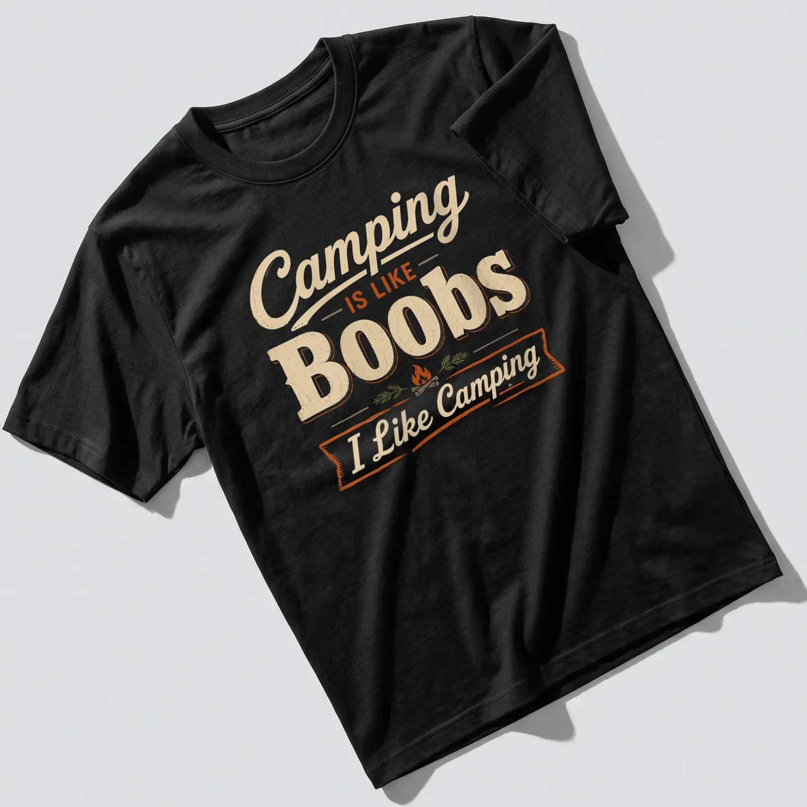 Vintage distressed Camping Is Like Boobs I Like Camping t-shirt with campfire graphic — printed on a unisex t-shirt