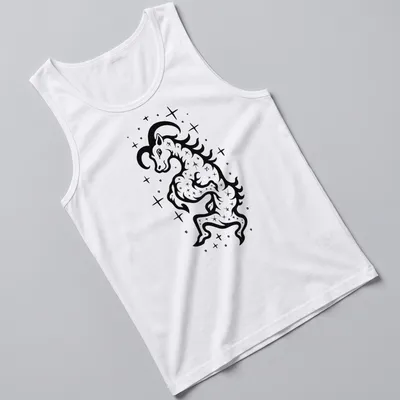 Bold black ink tattoo of a Capricorn Sea Goat in black and white — printed on a tank top