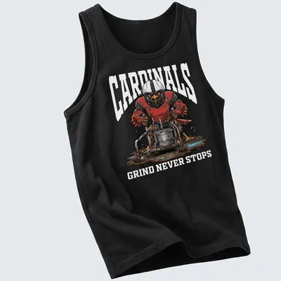 Cartoon mascot lifting weights with bold 'CARDINALS GRIND NEVER STOPS' text above — printed on a tank top