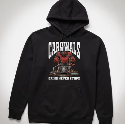 Cartoon mascot lifting weights with bold 'CARDINALS GRIND NEVER STOPS' text above — printed on a unisex hoodie