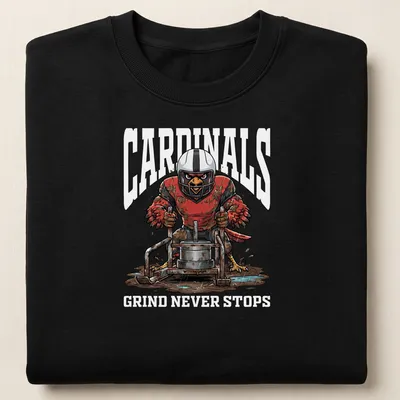 Cartoon mascot lifting weights with bold 'CARDINALS GRIND NEVER STOPS' text above — printed on a unisex sweatshirt