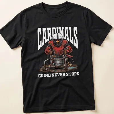 Cartoon mascot lifting weights with bold 'CARDINALS GRIND NEVER STOPS' text above