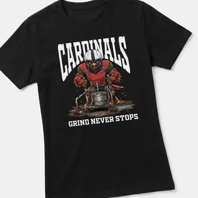 Cartoon mascot lifting weights with bold 'CARDINALS GRIND NEVER STOPS' text above — printed on a women's shirt