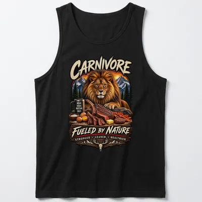 Realistic lion graphic with text promoting a carnivore diet in brown, gold, and green — printed on a tank top
