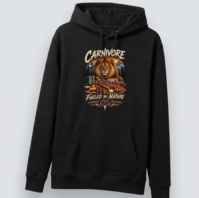 Realistic lion graphic with text promoting a carnivore diet in brown, gold, and green — printed on a unisex hoodie