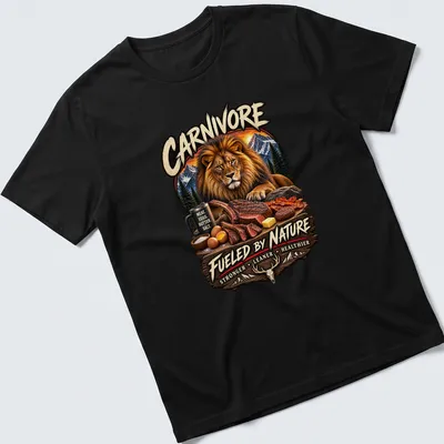 Realistic lion graphic with text promoting a carnivore diet in brown, gold, and green