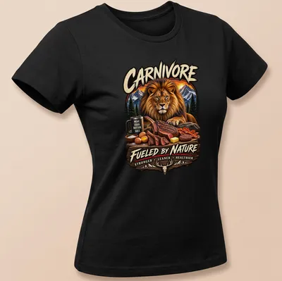 Realistic lion graphic with text promoting a carnivore diet in brown, gold, and green — printed on a women's shirt