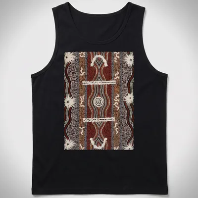 Dot painting of a caterpillar in Aboriginal art style with red, black, white, brown, and cream colors — printed on a tank top
