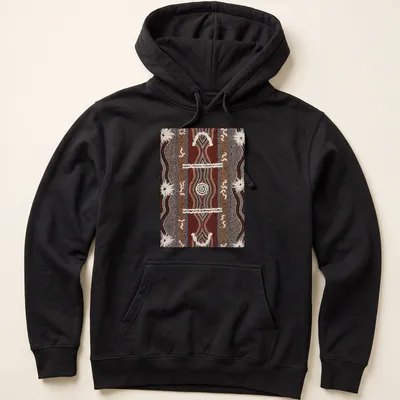 Dot painting of a caterpillar in Aboriginal art style with red, black, white, brown, and cream colors — printed on a unisex hoodie