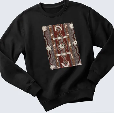 Dot painting of a caterpillar in Aboriginal art style with red, black, white, brown, and cream colors — printed on a unisex sweatshirt
