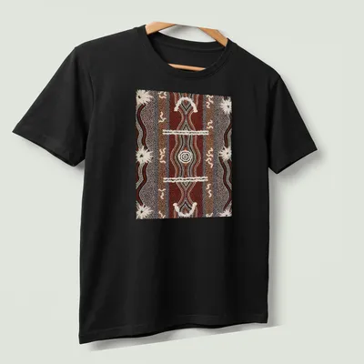 Dot painting of a caterpillar in Aboriginal art style with red, black, white, brown, and cream colors — printed on a unisex t-shirt (angled view)