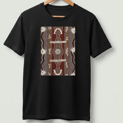 Dot painting of a caterpillar in Aboriginal art style with red, black, white, brown, and cream colors