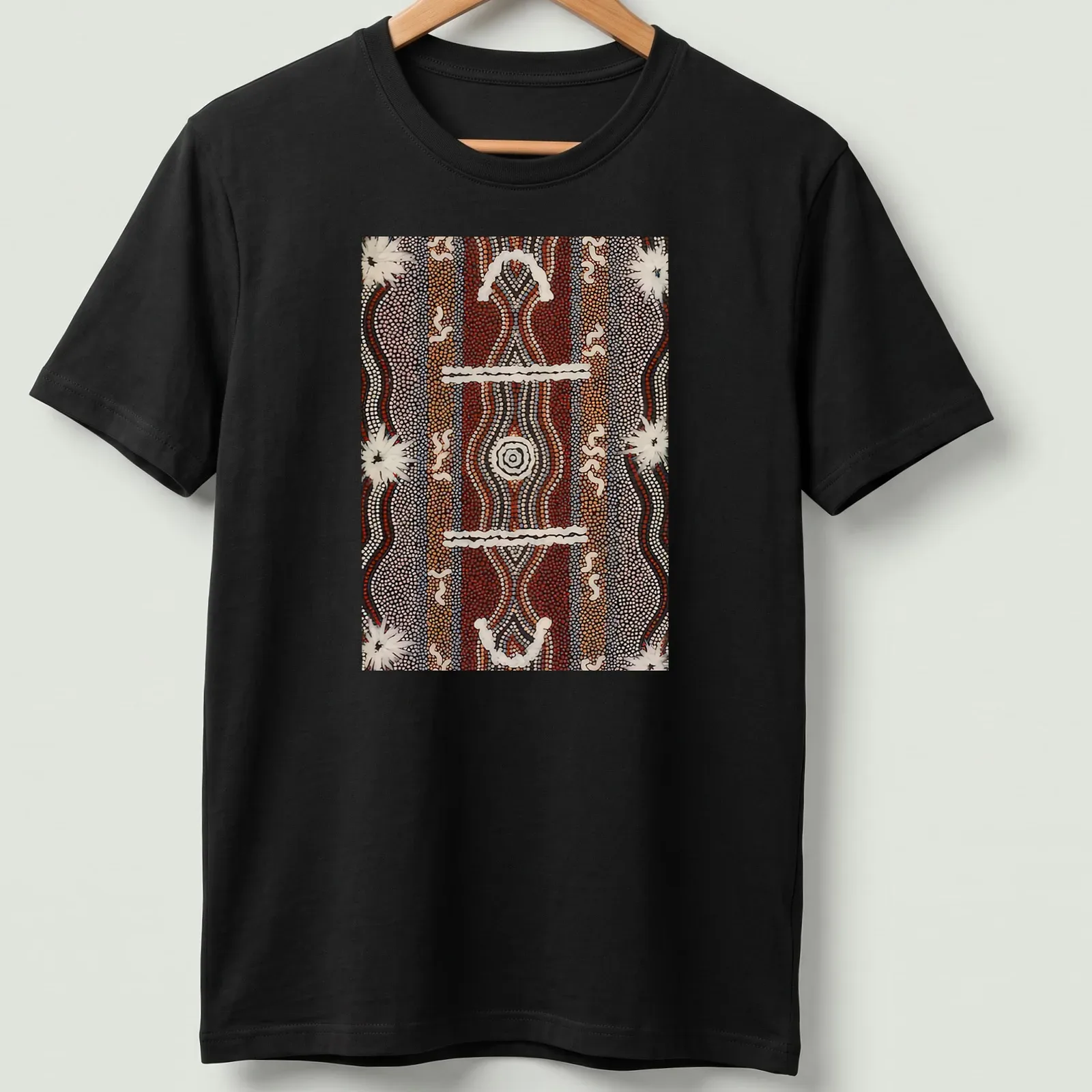 Dot painting of a caterpillar in Aboriginal art style with red, black, white, brown, and cream colors — printed on a unisex t-shirt
