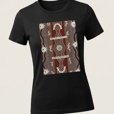 Dot painting of a caterpillar in Aboriginal art style with red, black, white, brown, and cream colors — printed on a women's shirt