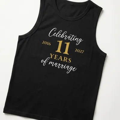 Modern minimalist anniversary t-shirt celebrating 11 years of marriage in gold and white — printed on a tank top