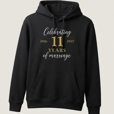 Modern minimalist anniversary t-shirt celebrating 11 years of marriage in gold and white — printed on a unisex hoodie