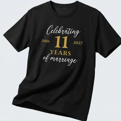 Modern minimalist anniversary t-shirt celebrating 11 years of marriage in gold and white