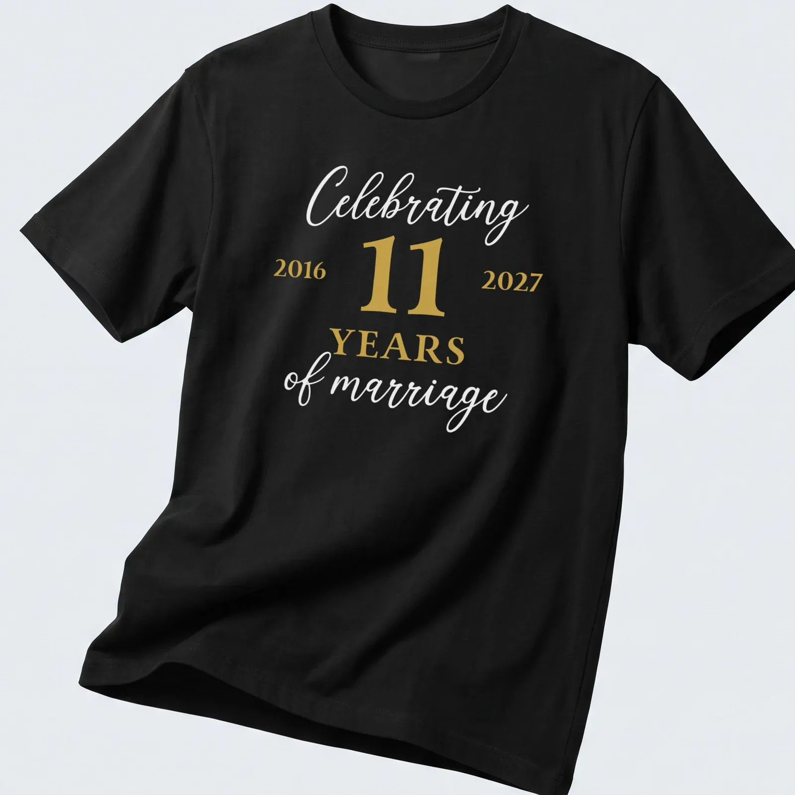 Modern minimalist anniversary t-shirt celebrating 11 years of marriage in gold and white — printed on a unisex t-shirt