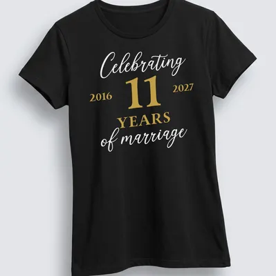 Modern minimalist anniversary t-shirt celebrating 11 years of marriage in gold and white — printed on a women's shirt