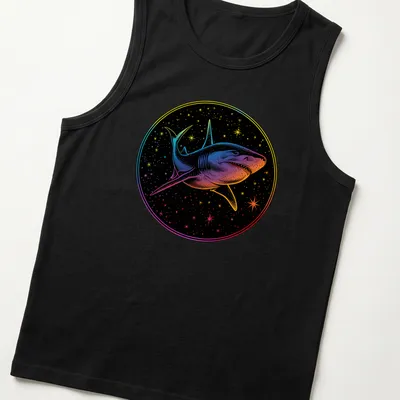 Cosmic print of a shark swimming through a vibrant galaxy with colorful swirls — printed on a tank top