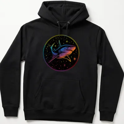 Cosmic print of a shark swimming through a vibrant galaxy with colorful swirls — printed on a unisex hoodie