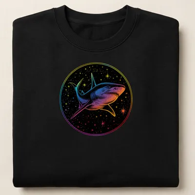 Cosmic print of a shark swimming through a vibrant galaxy with colorful swirls — printed on a unisex sweatshirt