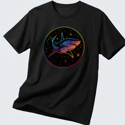 Cosmic print of a shark swimming through a vibrant galaxy with colorful swirls — printed on a unisex t-shirt