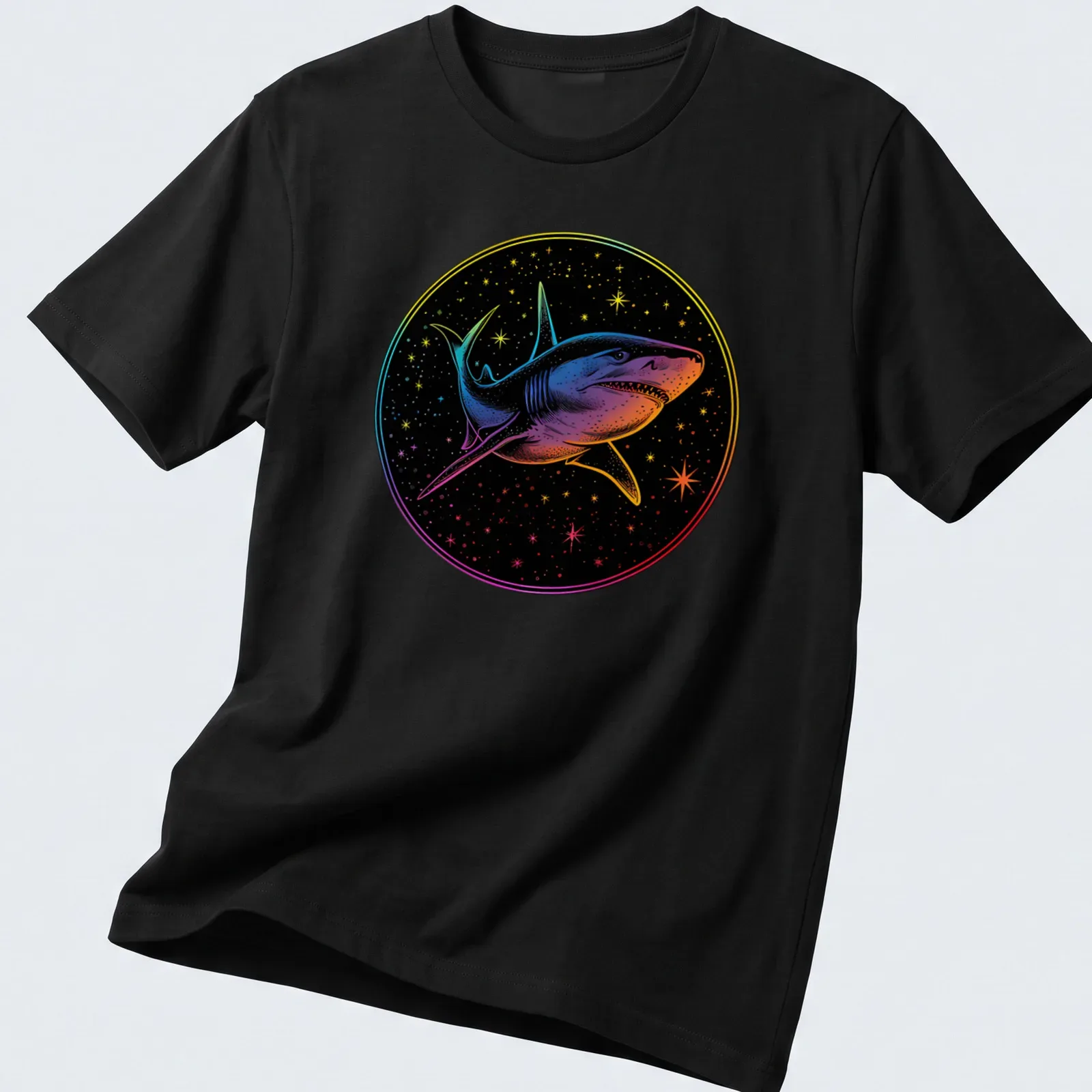Cosmic print of a shark swimming through a vibrant galaxy with colorful swirls — printed on a unisex t-shirt