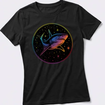Cosmic print of a shark swimming through a vibrant galaxy with colorful swirls — printed on a women's shirt