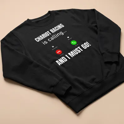 Funny Chariot Racing T-shirt with humorous text in vibrant colors — printed on a unisex sweatshirt