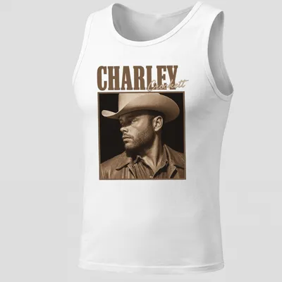 Sepia-tone portrait of cowboy Charley Crockett on — printed on a tank top