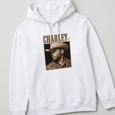 Sepia-tone portrait of cowboy Charley Crockett on — printed on a unisex hoodie