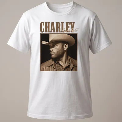 Sepia-tone portrait of cowboy Charley Crockett on T-shirt