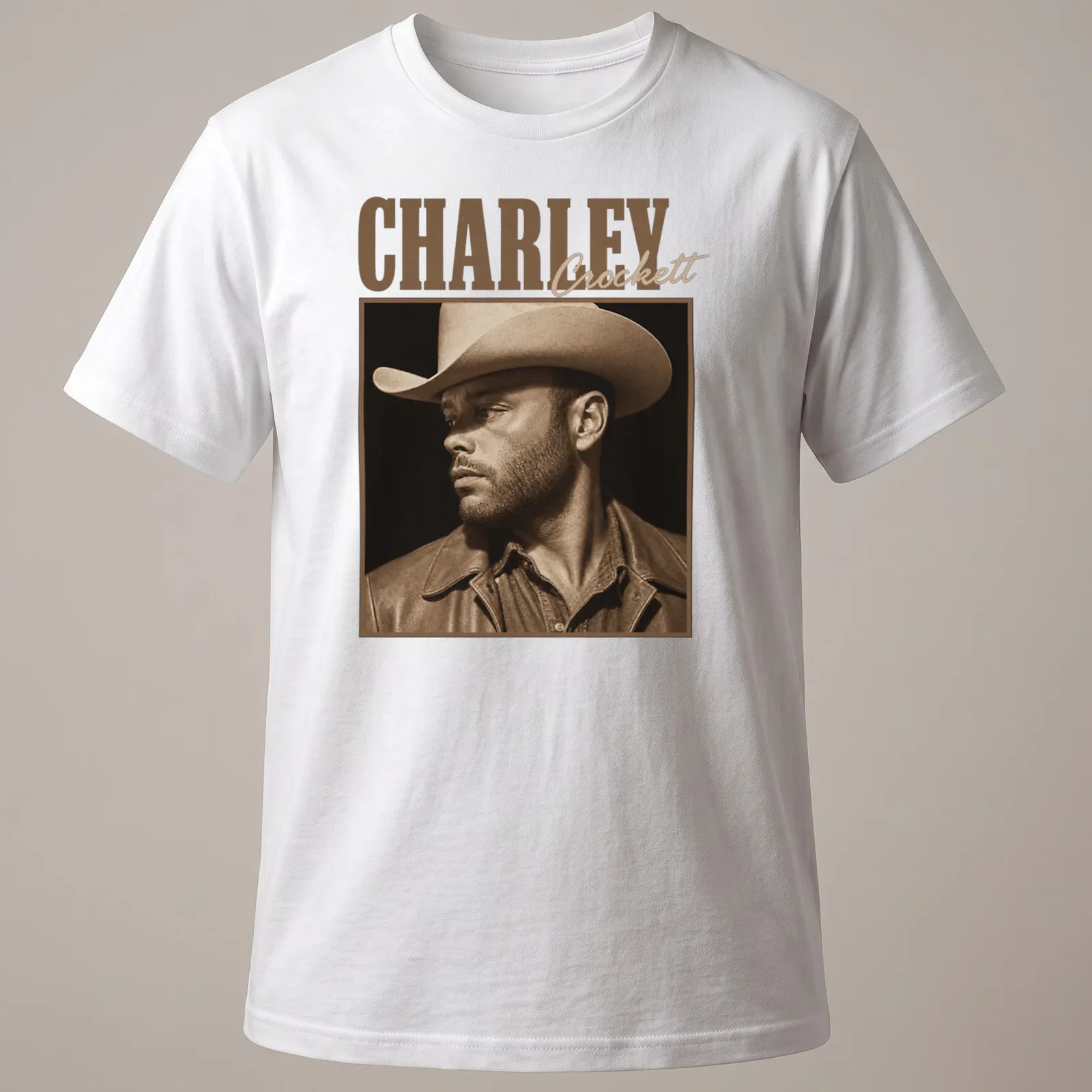 Sepia-tone portrait of cowboy Charley Crockett on — printed on a unisex t-shirt