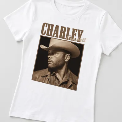 Sepia-tone portrait of cowboy Charley Crockett on — printed on a women's shirt
