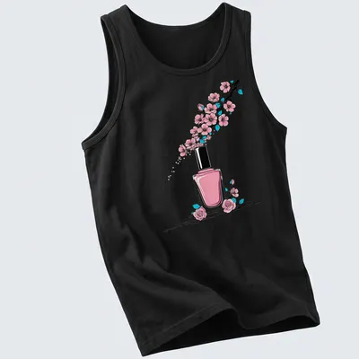 Kawaii nail polish bottle surrounded by cherry blossoms in pink and green — printed on a tank top
