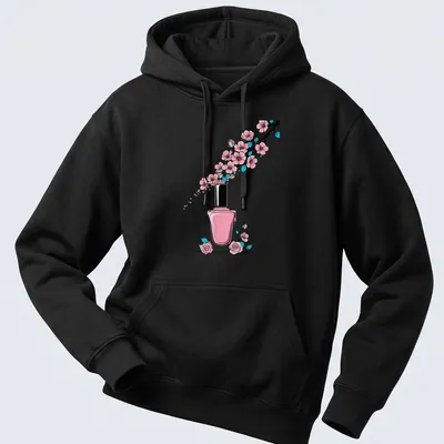 Kawaii nail polish bottle surrounded by cherry blossoms in pink and green — printed on a unisex hoodie