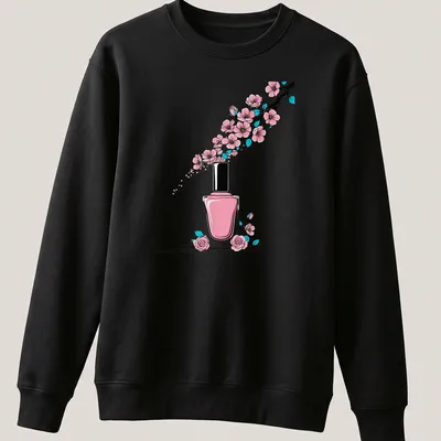 Kawaii nail polish bottle surrounded by cherry blossoms in pink and green — printed on a unisex sweatshirt