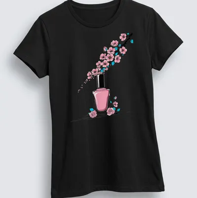 Kawaii nail polish bottle surrounded by cherry blossoms in pink and green — printed on a women's shirt