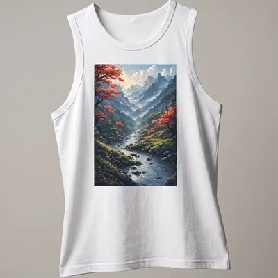 Realistic mountain landscape with cherry blossom trees and printed text above — printed on a tank top