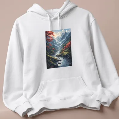 Realistic mountain landscape with cherry blossom trees and printed text above — printed on a unisex hoodie