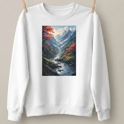 Realistic mountain landscape with cherry blossom trees and printed text above — printed on a unisex sweatshirt